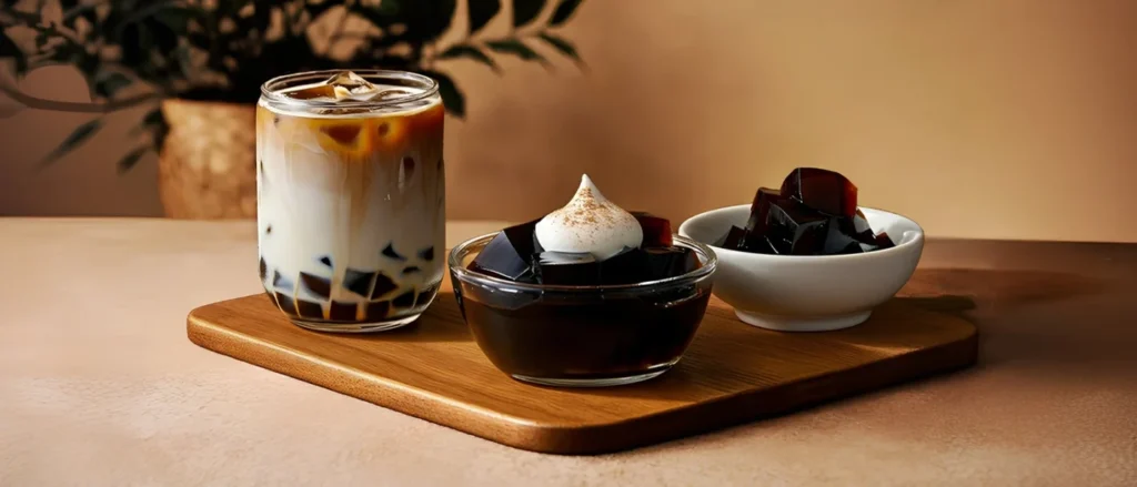 Brown Sugar Konjac Jelly: Rediscover Tradition with a Modern Twist 1 Iced Latte with HeySweet Brown Sugar Coffee Jelly in a glass, accompanied by two small bowls of whipped cream and coffee jelly cubes on a wooden serving board, with plant silhouette in background against beige wall