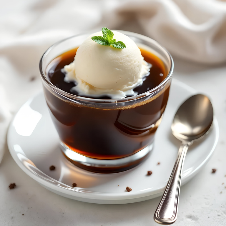 HeySweet Brown Sugar Konjac Coffee Jelly dessert in a clear glass cup topped with a scoop of vanilla ice cream and fresh mint leaf, served on a white plate with a silver spoon