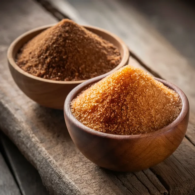 Close-up of two wooden bowls filled with light and dark brown sugar on a rustic wooden surface.